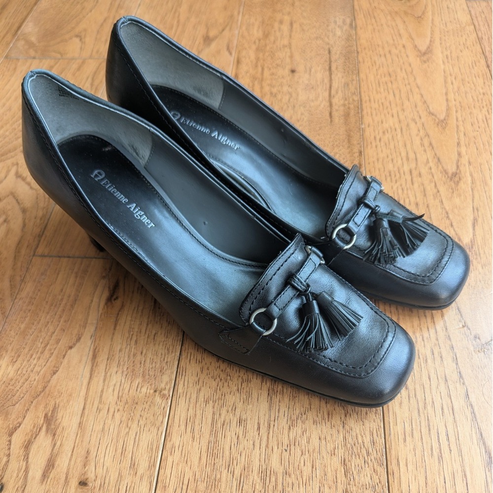 Etienne Aigner Black Leather Tassel Loafer Block Heel Pumps Womens 9.5M Classic